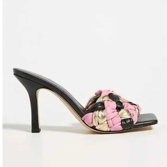Marc Fisher Square-Toe Heeled Mules Open Toe Black Pink Gold Woven Leather NEW - Picture 7 of 7